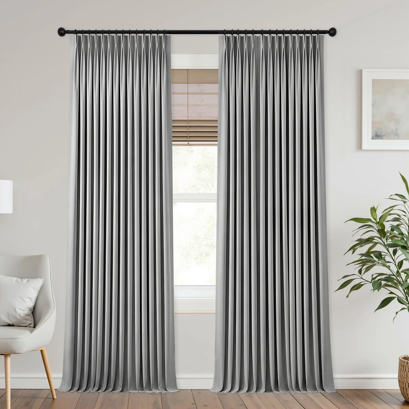 Mrs.Naturall Grey Linen Pinch Pleated Blackout Curtains 42x84 Inche Length for Dining Room