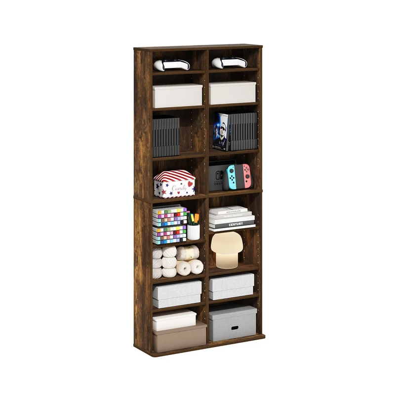 Furinno JAYA DVD Storage Unit, 16-Shelf Wide Media Storage Shelf with Adjustable Shelves, 8 x 2 Tall Bookcase for CD Blueray Game Disc, Easy Assembly, for Living Room, Home Office, Amber Pine