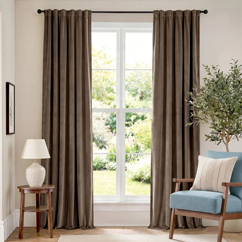 Lazzzy Dark Brown Velvet Curtains Room Darkening Thermal Insulated Curtains 102 Inch Long Window Drapes for Bedroom Living Room Super Soft Luxury Rod Pocket Window Treatment, 2 Panels, Truffle