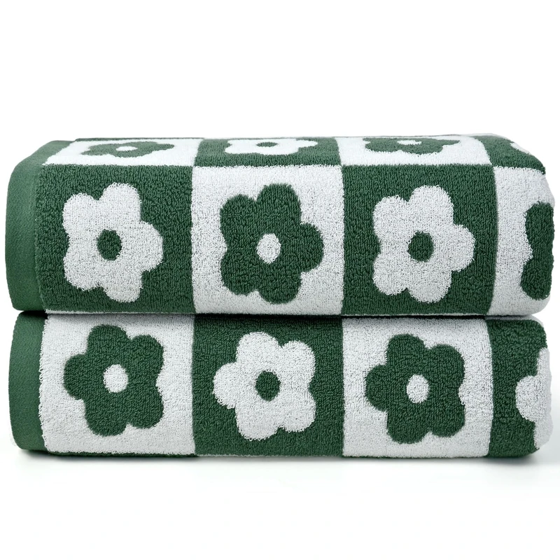 Jacquotha Green Bath Towels Set of 2 Checkered Floral - Quick Dry Cotton Towels Decorative Bathroom Essentials for Women Men Kids 27.5x55 Inches
