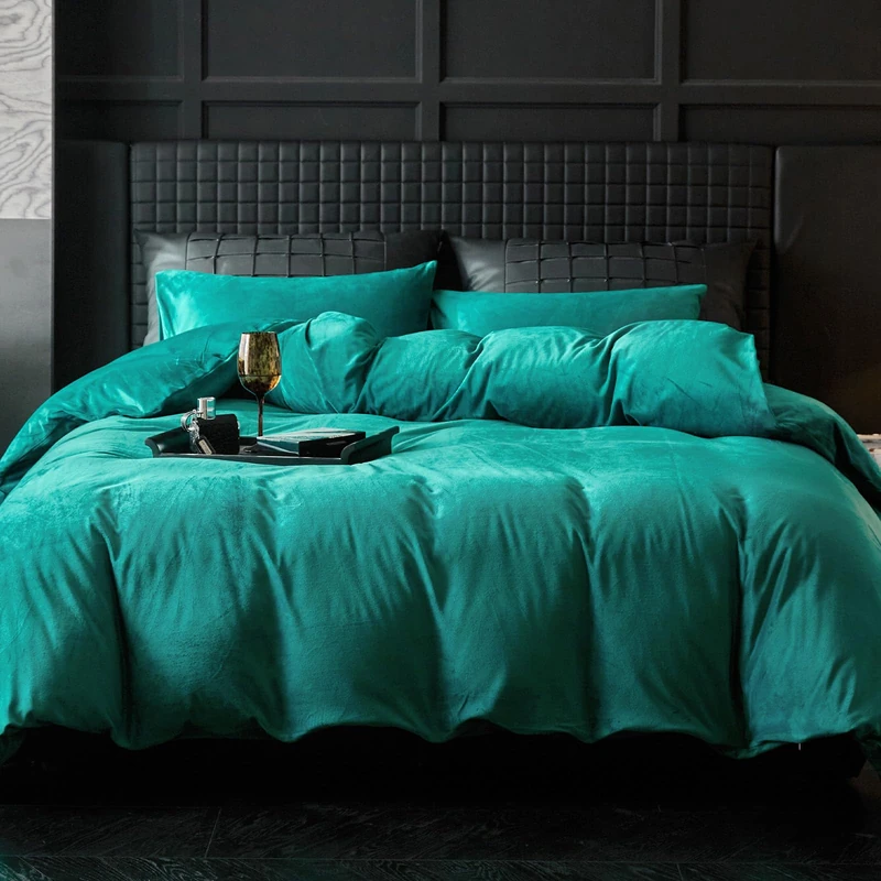 WARMDERN Teal Blue Flannel Velvet Duvet Cover King Size, 3-Piece