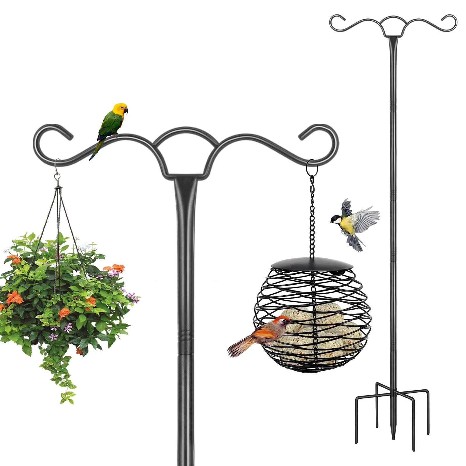 Bird Feeders Hanging Station Stand, 197cm Free Standing Feeding Poles Hangers for Garden Metal Heavy Duty Double Shephreds Crook Hook for Lanterns, Light, Wild Bird Feeder, 1 Pack