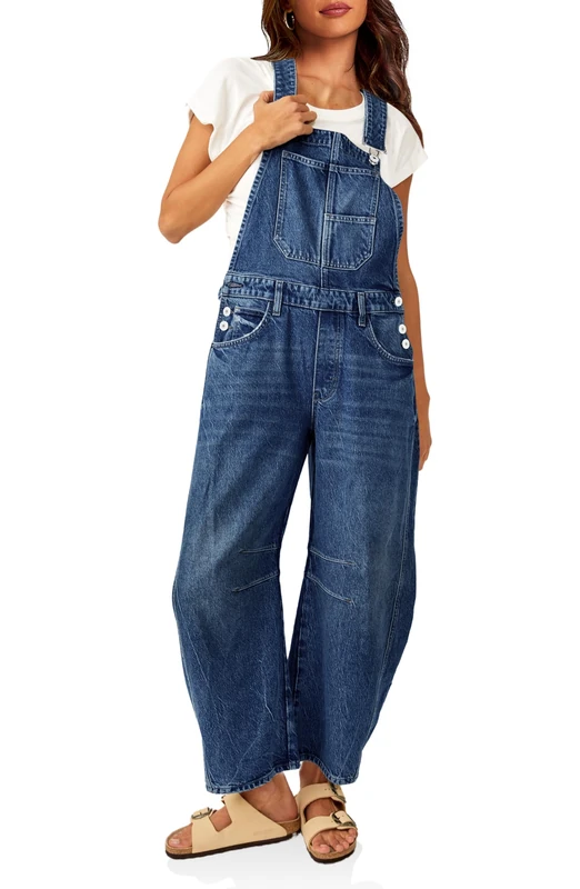 PLNOTME Womens Denim Bib Overalls Barrel Leg Adjustable Strap Jean Pants Jumpsuits with Pockets, Navy, Medium