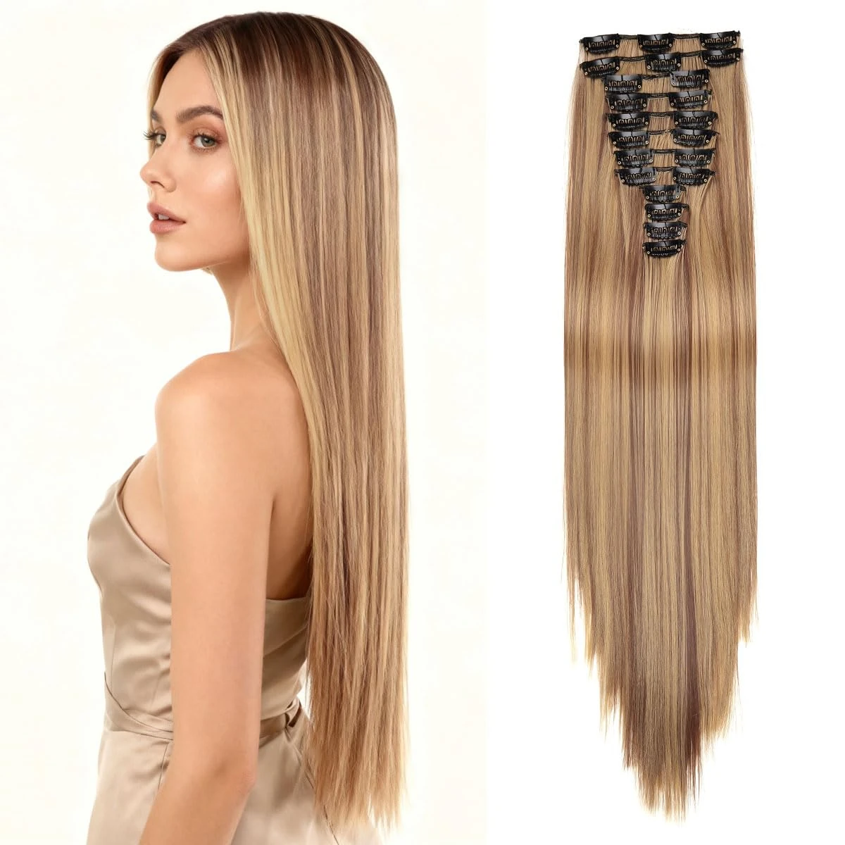 Hair Extensions Clip In 22 Inch Long Straight Clip in Hair Extensions Light Blonde with Golden Highlights Synthetic Fiber 12 PCS 180g Hairpiece for Women