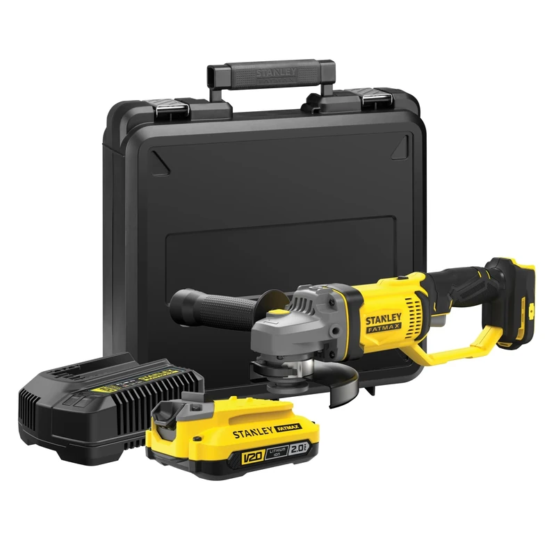 STANLEY FATMAX V20 Cordless 125mm Angle Grinder, Includes 2.0Ah Li-Ion Battery, 2A Charger and Kit Box, 18V, SFMCG400D1K-GB