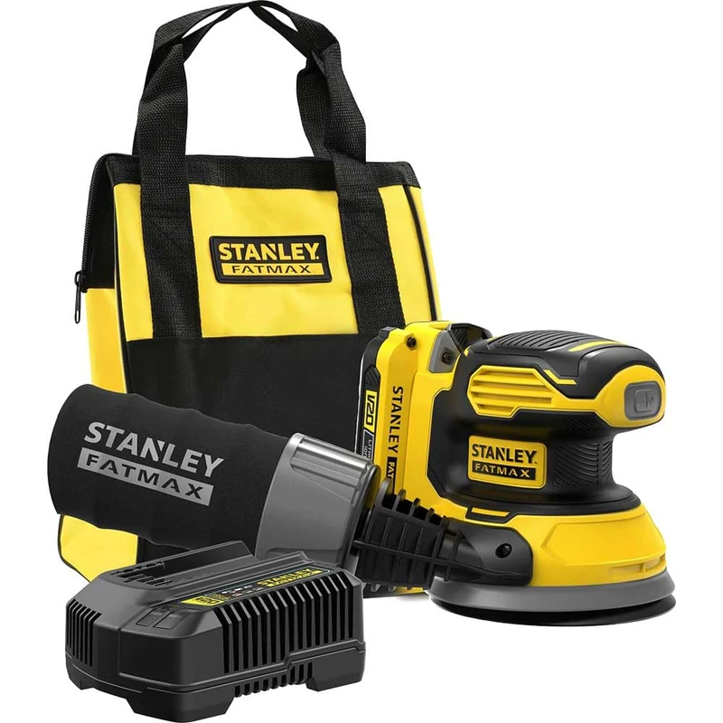 STANLEY FATMAX V20 Cordless Random Orbit Sander, Includes 2.0Ah Li-Ion Battery, 2A Charger and Soft Bag, 18V, SFMCW220D1S-GB