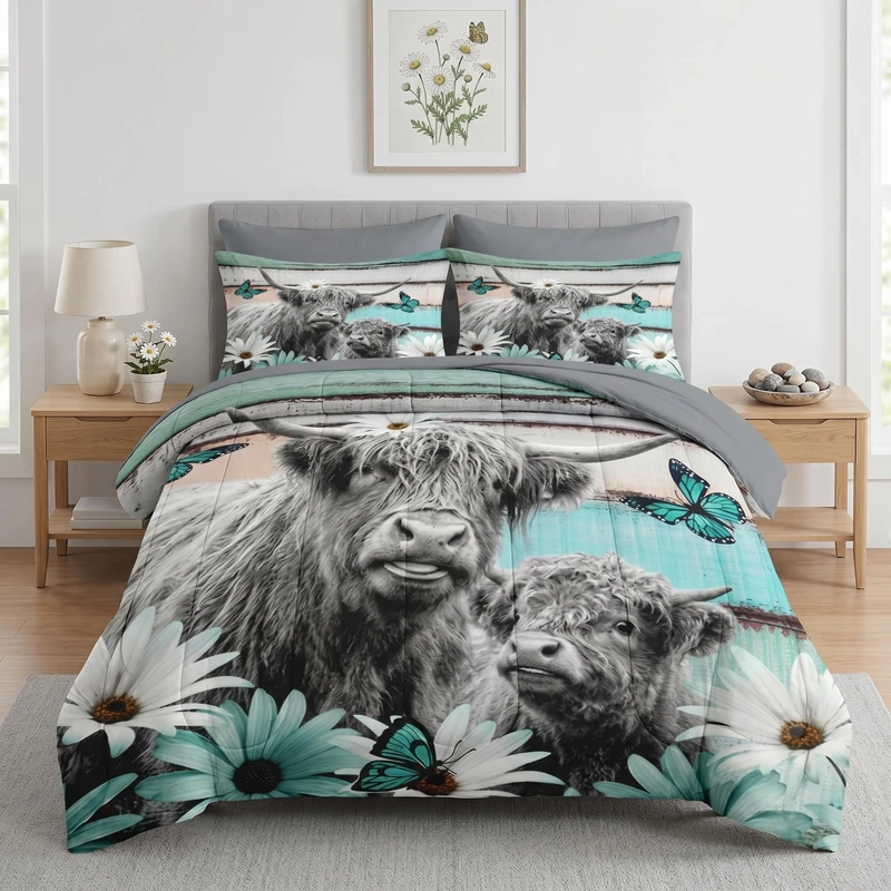 Pamnest Comforter Set Full Size, Highland Cow Bull 7 Pcs Bedding for Kids and Adults, Flower Daisy Retro Bed Sheet Sets with Fitted Sheet 2 Pillowcases & 2 Shams for Bedroom Bed Decor