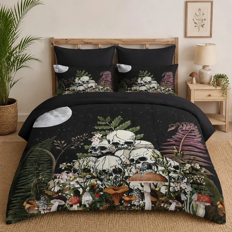 Pamnest Comforter Set King Size, Mushroom Plant 7 Pcs Bedding for Kids and Adults, Skeleton Spooky Retro Bed Sheet Sets with Fitted Sheet 2 Pillowcases & 2 Shams for Bedroom Bed Decor