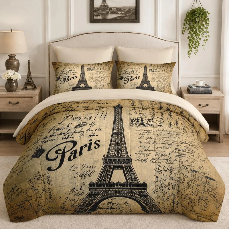 Pamnest Comforter Set King Size, Paris Eiffel Tower 7 Pcs Bedding for Kids and Adults, Vintage Love Retro Bed Sheet Sets with Fitted Sheet 2 Pillowcases & 2 Shams for Bedroom Bed Decor