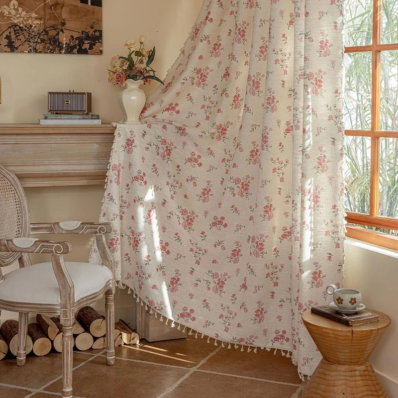 OYX Pink Floral Curtains 96 Inch Long 2 Panels, French Vintage Farmhouse Patterned Decor Window Drapes with Tassels, Light Filtering Semi-Sheer for Bedroom Living Room,Rod Pocket, 52W x 96L