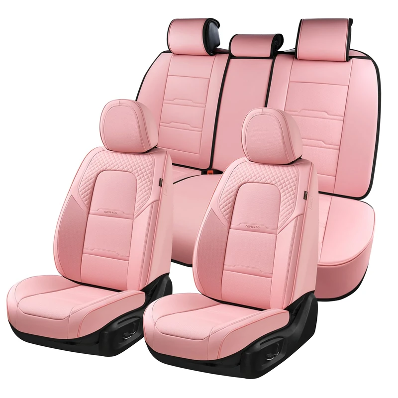 Coverado Car Seat Covers Full Set, 5 Piece Car Seat Protector with Removable Headrest, Nappa Leather Breathable Front Back Rear Seat Cushion Universal Fit for Truck Automotive Most of Cars Pink