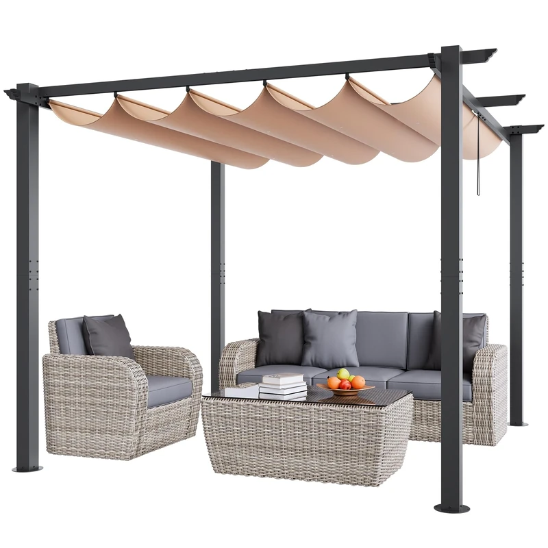 VEVOR 10'x10' Outdoor Retractable Pergola with Canopy, Aluminum Pergola with Retractable Canopy, Modern Style, Sun Shade for Patios, Gardens, Decks, Backyards (Beige)