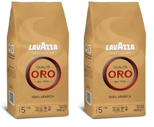 Lavazza, Qualità Oro, Coffee Beans, Ideal for Bean to Cup Machine and a Filter Coffee Machine, with Fruity and Flowery Aromatic Notes, 100% Arabica, Intensity 5/10, Medium Roast, 1 Kg (Pack of 2)