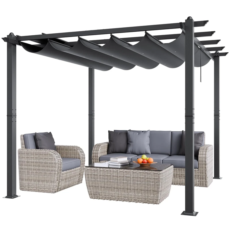 VEVOR 10'x10' Outdoor Retractable Pergola with Canopy, Aluminum Pergola with Retractable Canopy, Modern Style, Sun Shade for Patios, Gardens, Decks, Backyards (Gray)