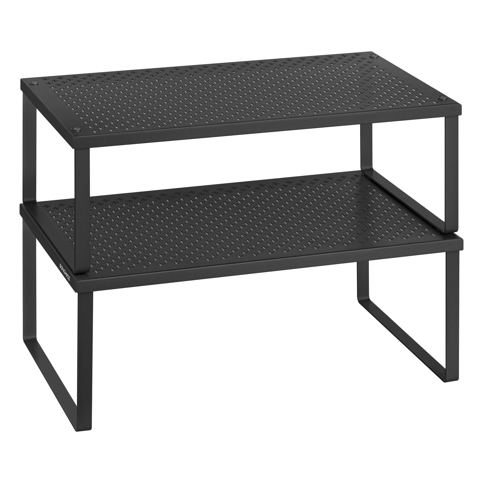 SONGMICS Spice Racks, Set of 2 Cupboard Organisers, Kitchen Storage, Stackable, Expandable, Metal Counter Shelves, Ink Black KCS401B01