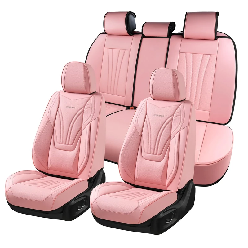 Coverado Car Seat Covers Full Set, 5 Piece Car Seat Protector with Lumbar Support & Removable Headrest, Breathable Leather Front Rear Seat Cushion Universal Fit for Truck Automotive Pink