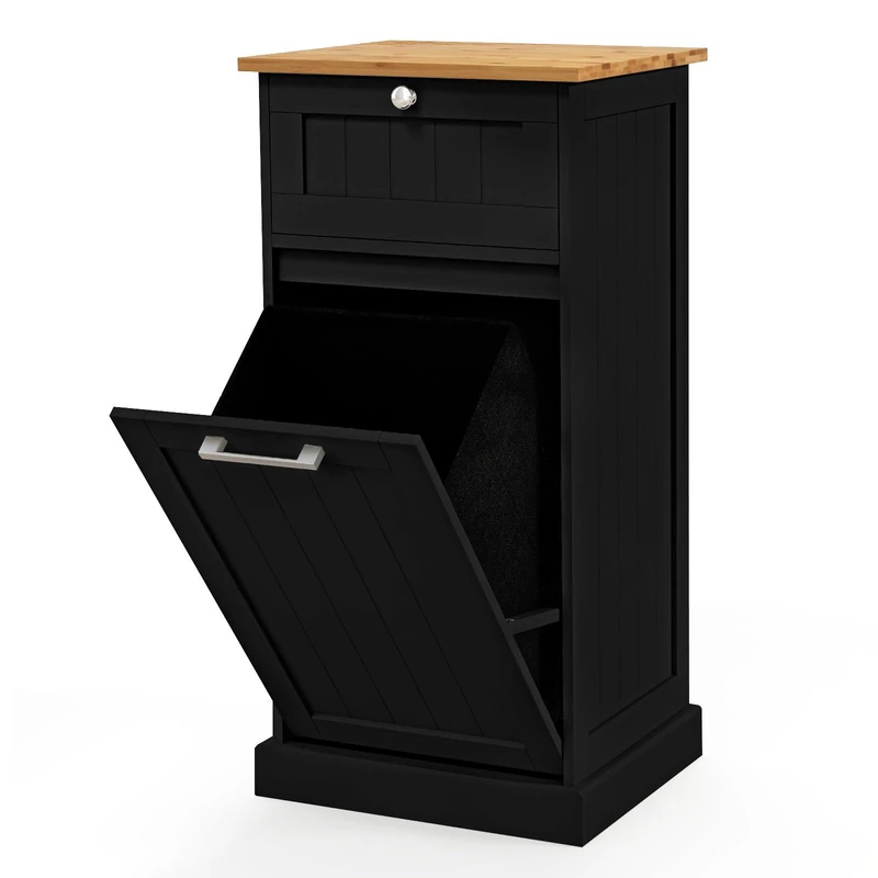 RELAX4LIFE Tilt Out Laundry Hamper, 30L Wooden Pull Out Laundry Cabinet with Removable Clothes Basket & Drawer, Freestanding Bathroom Storage Cabinet for Bathroom, Bedroom,Laundry Room (Black)