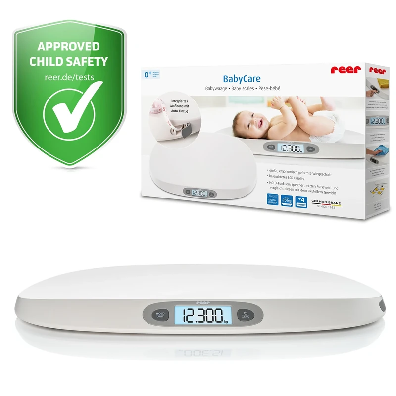 reer BabyCare Baby Scales Ergonomic Weighing Bowl for Newborns/Babies 25 kg Maximum Weight Integrated Tape Measure Hold and Tare Function Illuminated LCD Display Precision of 5 g