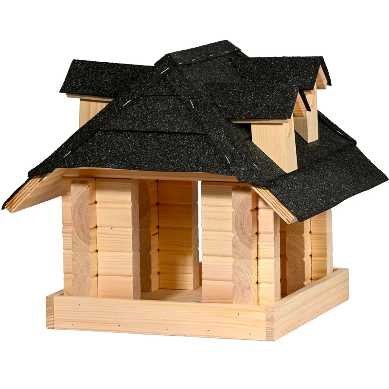 dobar Large Bird House Sort Made of Solid Wood with Black Bitumen Roof - Bird Feeder for Stand Mounting - Natural