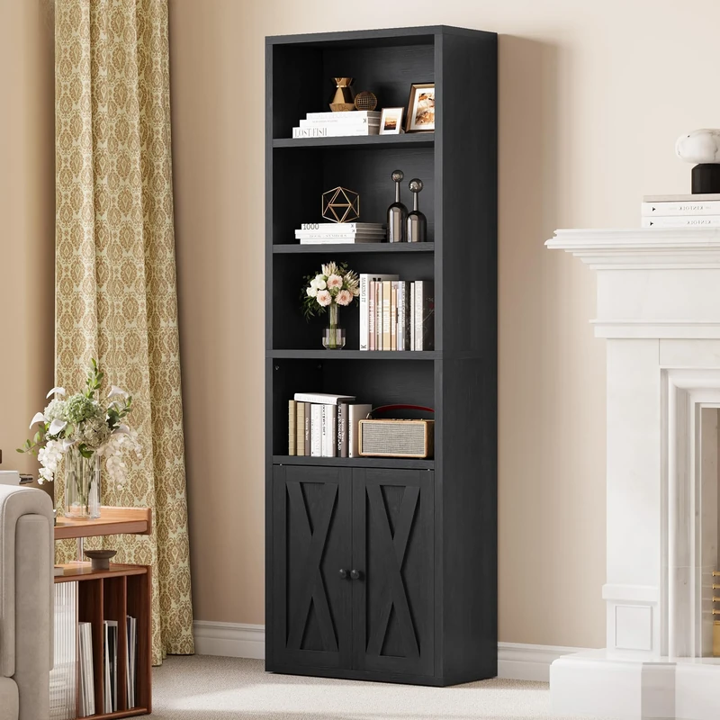 YITAHOME Bookcase, Floorstanding Bookshelves with Cupboard Industrial Shelves Storage Rack Wooden Cube Shelf Tall Storage Cabinet for Living Room, Study, Kitchen, Home Office, Black Bookshelf