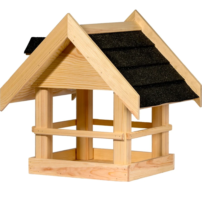 dobar Large Noir Bird House Made of Solid Wood with Black Bitumen Roof - Bird Feeder for Stand Mounting - Natural