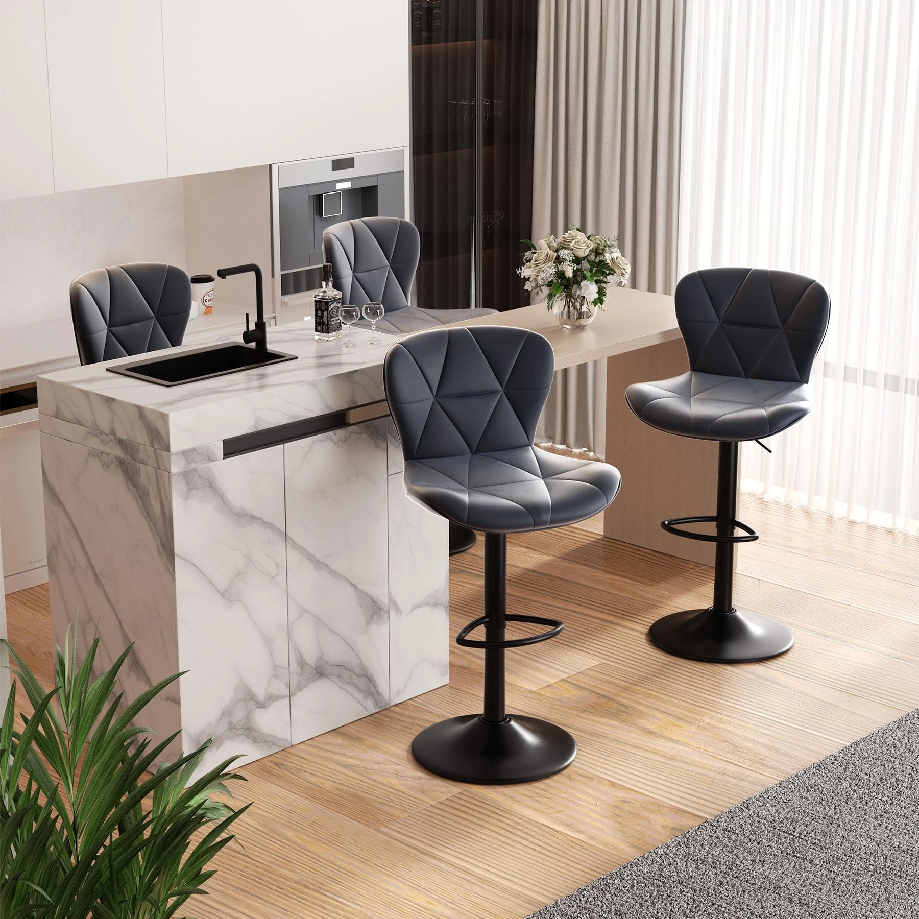 Hawthyhome Bar Stools Set of 4 | Breakfast Bar Stools – Adjustable Faux Leather Swivel Chairs with Back, Counter Height for Kitchen Island • Dark Grey