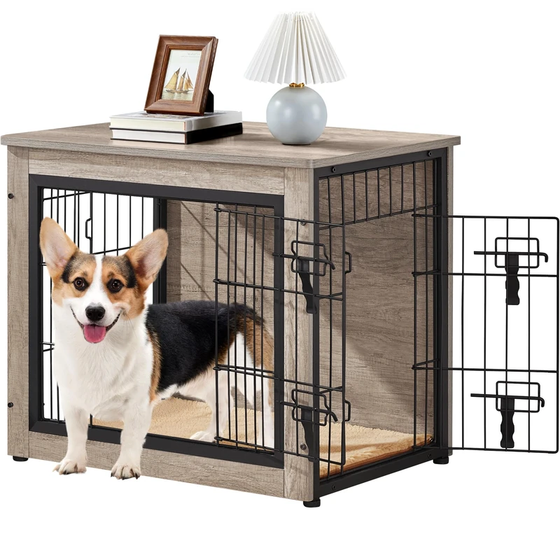 Yaheetech Dog Crate Furniture Dog Cage End Table Wooden Puppy House with Double Doors & Anti-skid Plush Mat for Puppies/Small-sized Animals, Indoor Pet Kennel Side Table, Gray