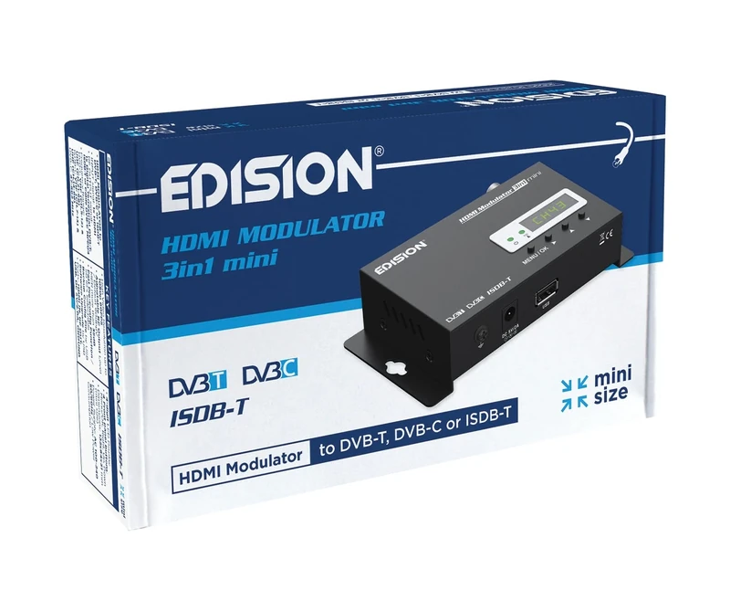 EDISION HDMI Modulator 3in1 mini, HDMI Modulator to Terrestrial DVB-T, ISDB-T or Cable DVB-C, Full HD Distribution via Coaxial, Mini-Size, LED Display, Quick Configuration, Plug & Play