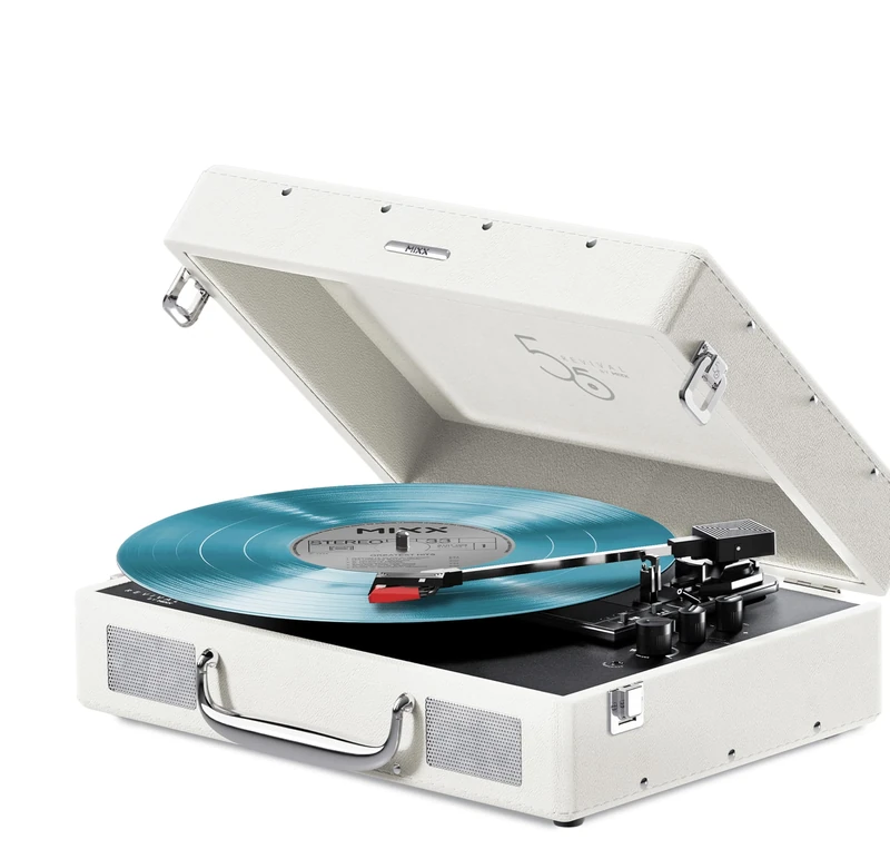 Mixx Revival 55 RetroStyle Portable Suitcase Vinyl Record Player with Built-in Stereo Speakers, Bluetooth In/Output, All Record Sizes with 45 RPM adapter, 33 1/3-45 Speed Options.