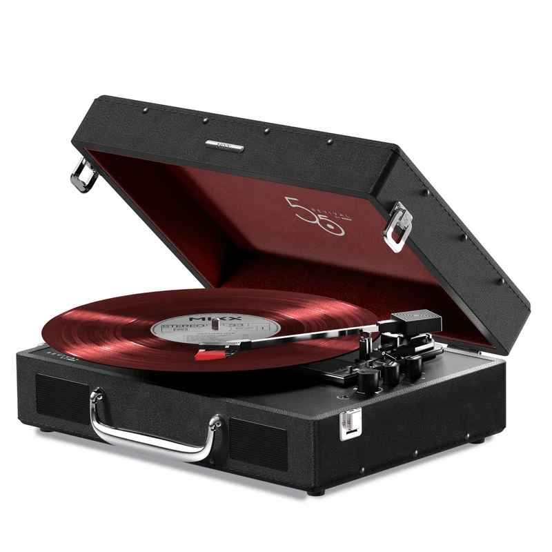 Mixx Revival 55 RetroStyle Portable Suitcase Vinyl Record Player with Built-in Stereo Speakers, Bluetooth In/Output, All Record Sizes with 45 RPM adapter, EU and UK AC plug adapter