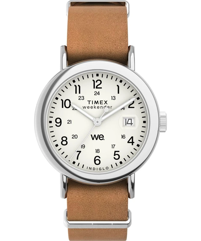 Timex Unisex Weekender 37 mm Watch - Brown Leather Strap with White Dial and Silver-Tone Case TW2W86500