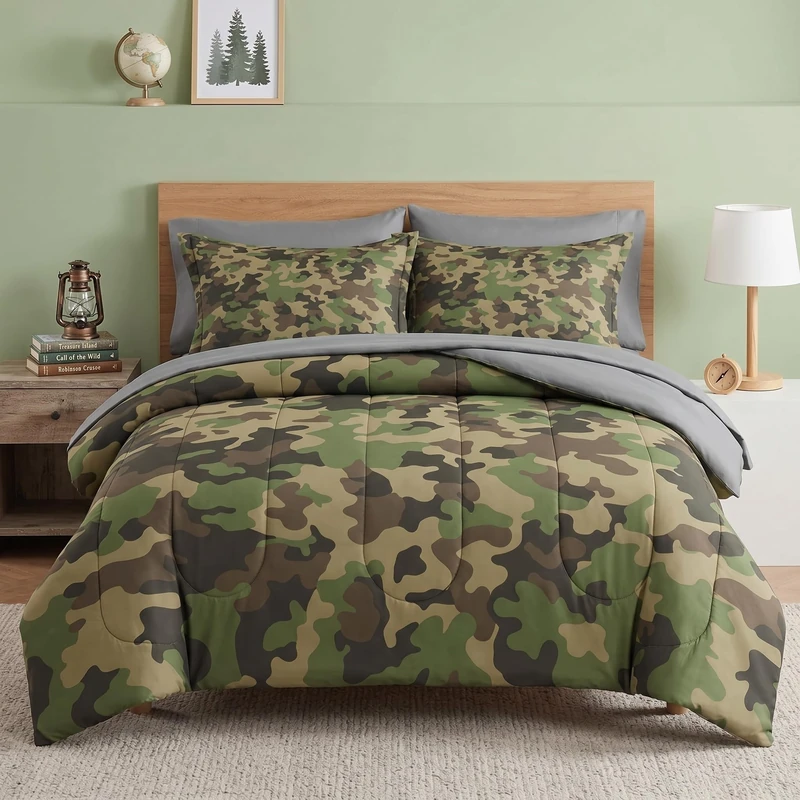 Pamnest Comforter Set Full Size, Military Hunting Camouflage 7 Pcs Bedding Set for Kids and Adults, Brown Green Camo Bed Sheet Sets with Fitted Sheet 2 Pillowcases & 2 Shams
