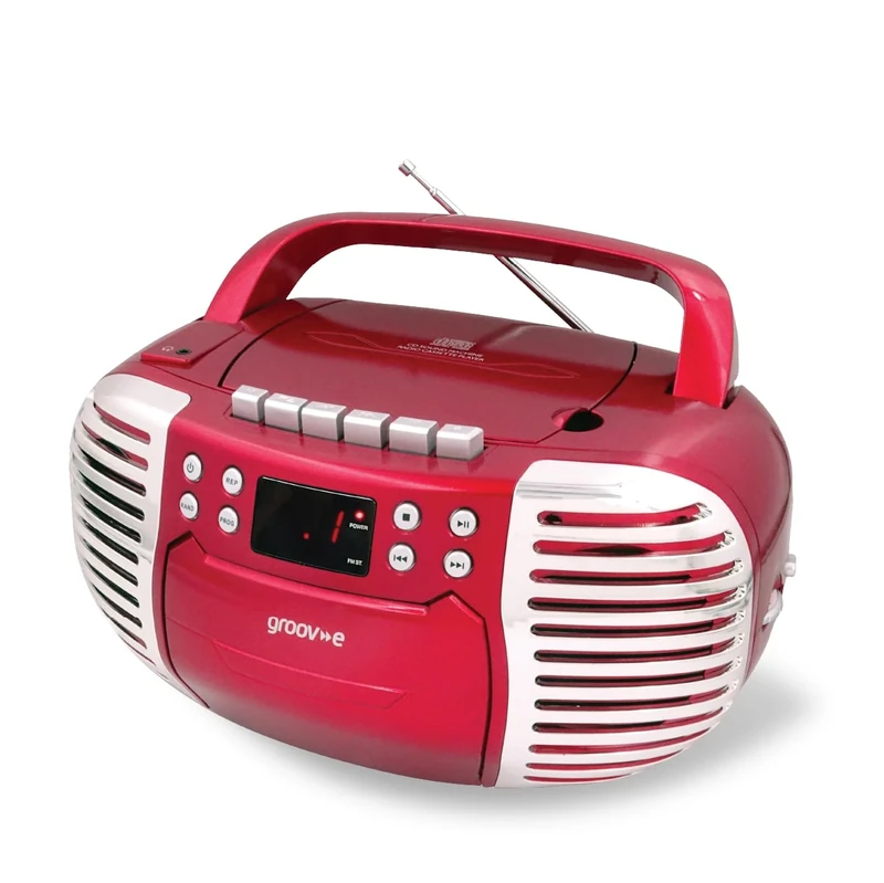 Groov-e Retro Boombox - Portable Cassette Tape & CD Player with Radio, 3.5mm Aux Port, & Headphone Socket - LED Display, 2 x 1.2W Speakers - Battery or Mains Powered - Red