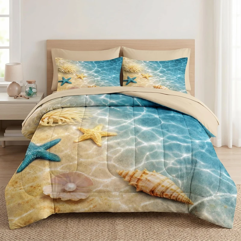 WeCozy 7 Pcs Full Size Comforter Set with 2 Pillowcases & 2 Shams, Summer Beach Seashell Bedding Set for Kids and Adults, Blue Ocean Sea Shell Bed in a Bag with Flat Sheet and Fitted Sheet