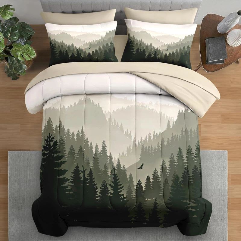Pamnest Comforter Set Full Size, Moutain Pine Tree 7 Pcs Bedding Set for Kids and Adults, Natural Forest Landscape Bed Sheet Sets with Fitted Sheet 2 Pillowcases & 2 Shams