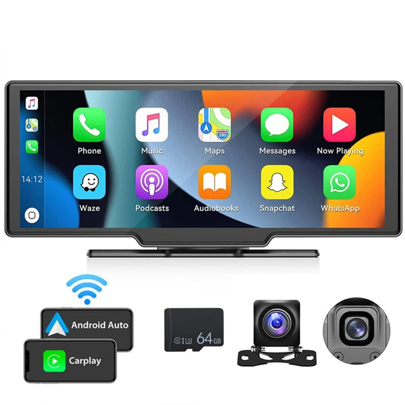 Wireless Car Stereo, Car Audio,Carplay Screen with 4K Front + Rear 1080P Dual Camera Dash Cam, Bluetooth, Navigation, Mirror Link,Siri/G00gle, AUX/FM, mit 64G TF