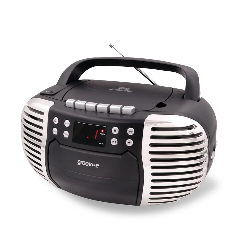 Groov-e Retro Boombox - Portable Cassette Tape & CD Player with Radio, 3.5mm Aux Port, & Headphone Socket - LED Display, 2 x 1.2W Speakers - Battery or Mains Powered - Black