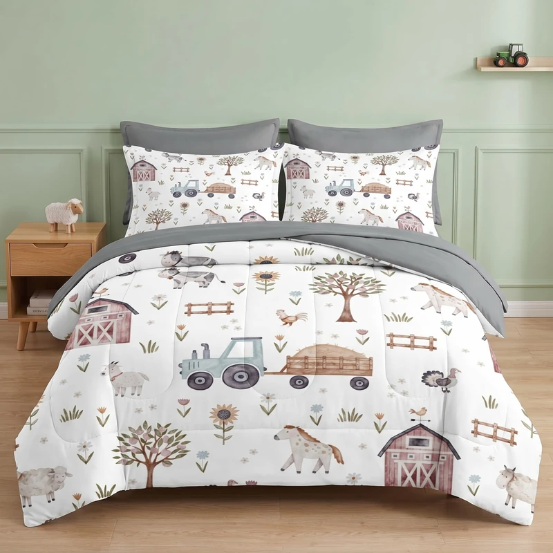 WeCozy 7 Pcs Full Size Comforter Set with 2 Pillowcases & 2 Shams, Farm House Tractor Bedding Set for Kids and Adults, Village Tree Pig Horse Bed in a Bag with Flat Sheet and Fitted Sheet