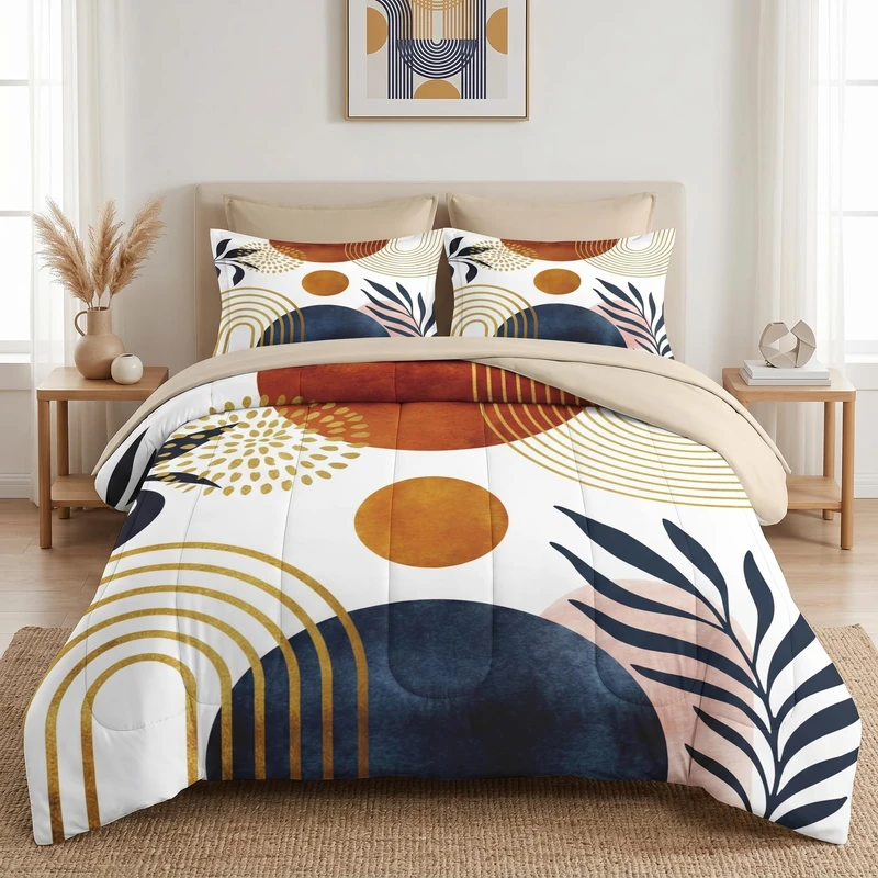 WeCozy 7 Pcs Full Size Comforter Set with 2 Pillowcases & 2 Shams, Gold Yellow Mid Century Bedding Set for Kids and Adults, Sun Boho Geometric Leaf Bed in a Bag with Flat Sheet and Fitted Sheet