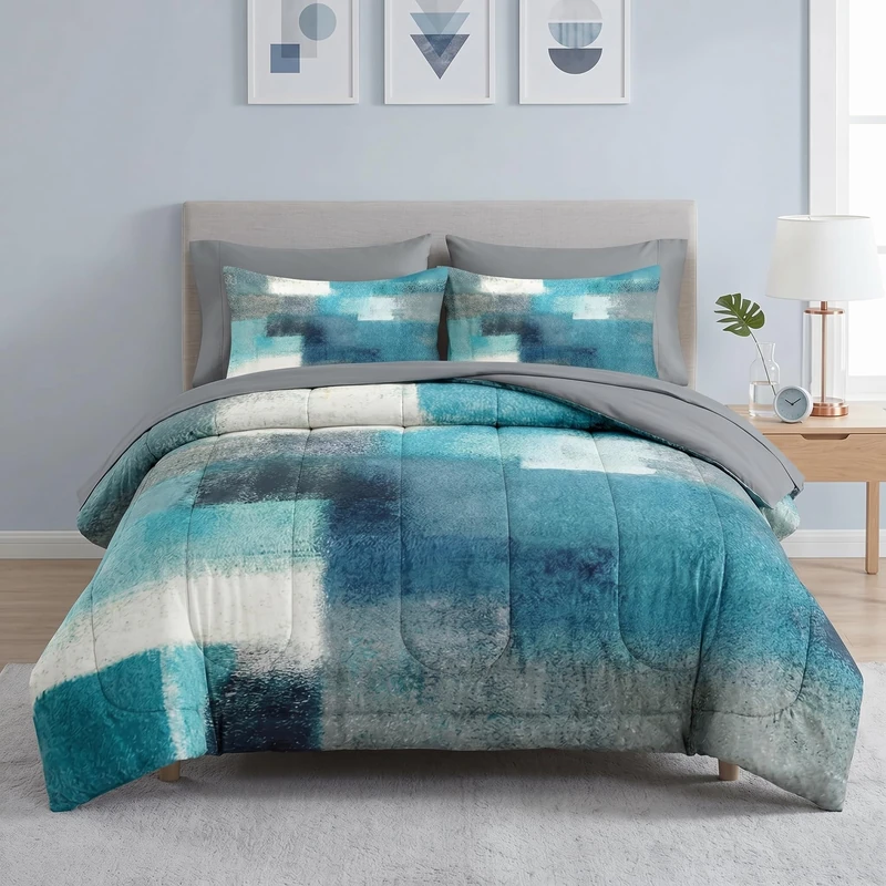 WeCozy 7 Pcs Full Size Comforter Set with 2 Pillowcases & 2 Shams, Turquoise Grey Painting Bedding for Kids and Adults, Teal Contemporary Gray Bed in a Bag with Flat Fitted Sheet
