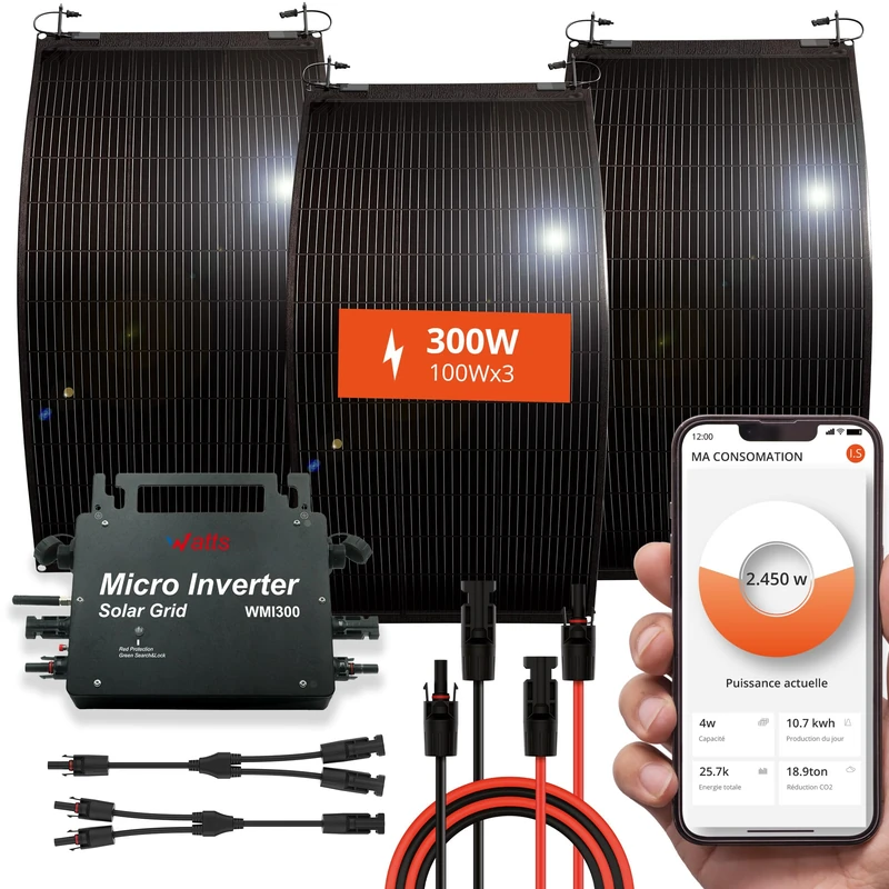W onder Full Energy – Complete Solar Kit Ready to Plug and Connect Flexible 300 W – Monocrystalline, High Efficiency, IP67 – Lightweight – Curved Surfaces – for Balconies, Campers, Boats, etc. – Plug - Image 1