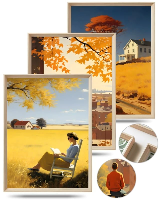 UPWOIGH Framed Wall Art, Edward Hopper Wood Canvas Wall Art,Autumn decor,12"x16" Cotton Pattern Vintage Poster Wall Decor Aesthetic for Living Room Bedroom,Set of 3,Accessories