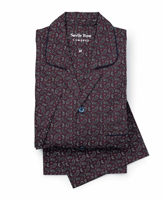 THE SAVILE ROW COMPANY LONDON Men's Luxury 100% Soft Cotton Poplin Pyjamas - Burgundy Paisley - Medium