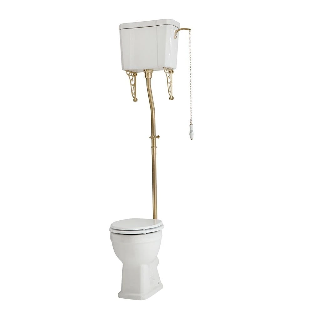 Milano Richmond Traditional High Level Cistern Toilet Brushed Brass Flush Kit White Seat