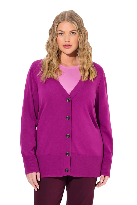 Ulla Popken Women's V-Neck Button Down Fine Knit Jumper, Berry, 20-22'