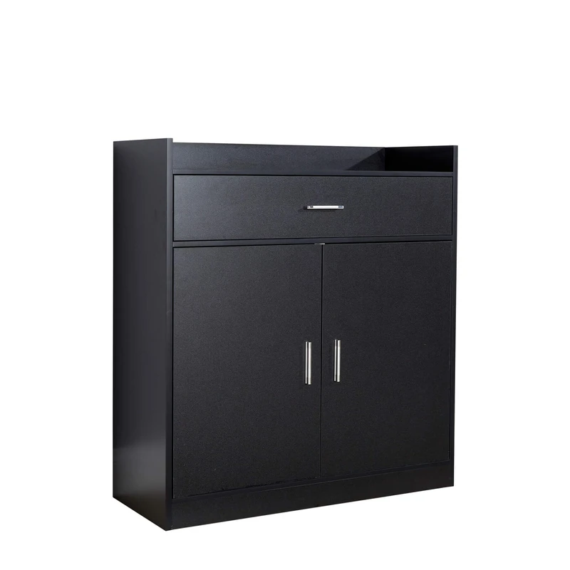 Home Source Shoe Cabinet, 2 Door 1 Drawer Storage, Compact Hallway Cupboard Organiser, Footwear Rack Stand, Wooden Sideboard, Black