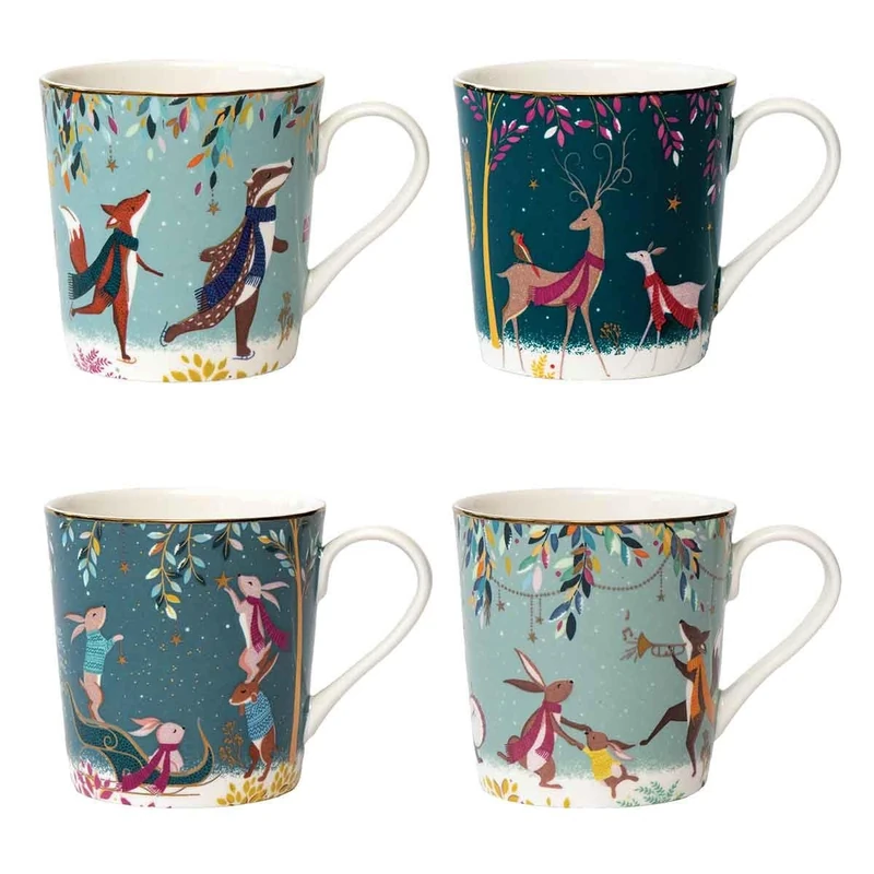 Sara Miller London Woodland Tales Set of 4 Mugs, Assorted, White with Golden Details