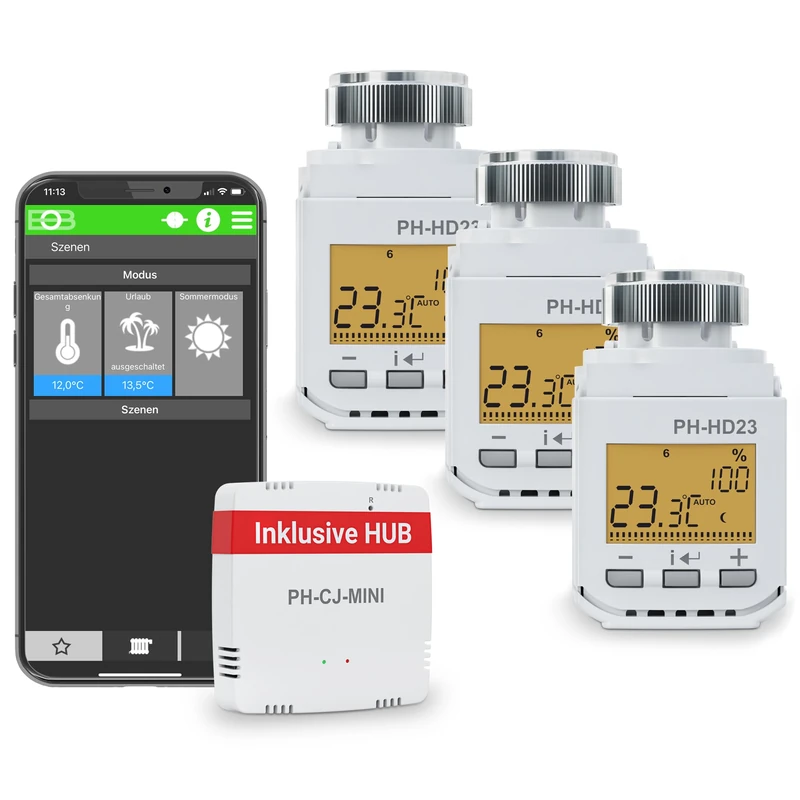 ELEKTROBOCK PH-Starter Pack 2 - Heating Control via App - 3 Radiator Thermostats with Gateway and Display - Smart Home - Boost Function - Easy Installation - White - Image 1