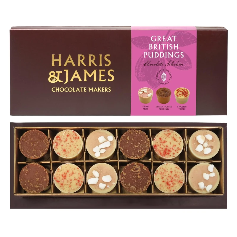 Harris & James Great British Puddings 12 Piece Chocolate Selection Box. Handmade Luxury Chocolates From Bean To Bar. Raspberry Eton Mess, Sticky Toffee & English Trifle Chocolate (180g)