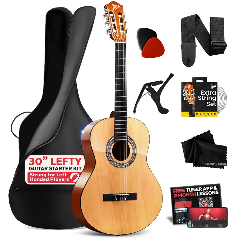 Pyle Left Handed Beginner Acoustic Guitar, Junior Size 76 cm, All Wood Build Nylon String with Capo Strap, Extra String Set, and Gig Bag Acoustic, For Kids Adults Youth Classical Kit Natural